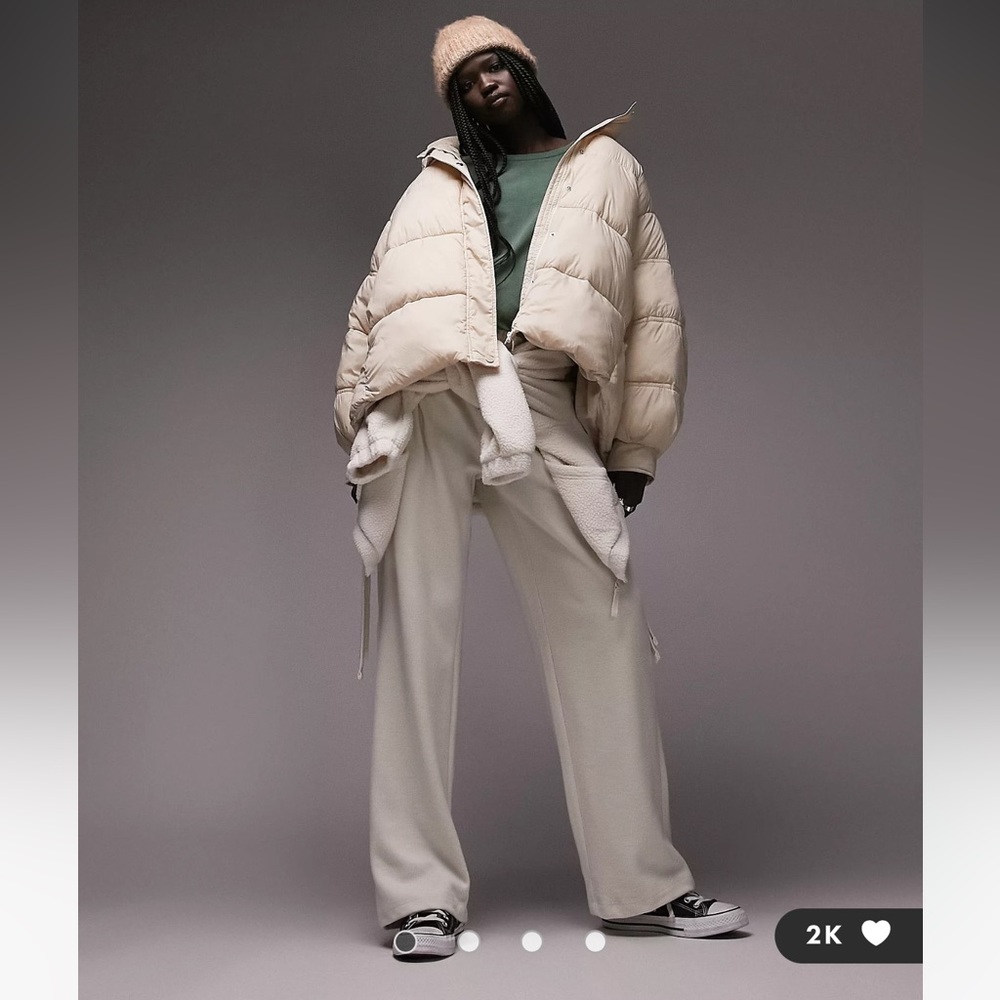 Topshop mid length swing hem hooded puffer jacket in stone